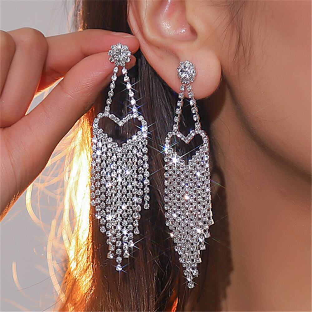 NEW Rhinestone Fringe Heart Shaped Dangle Earrings Stud Sparkly Glam Party